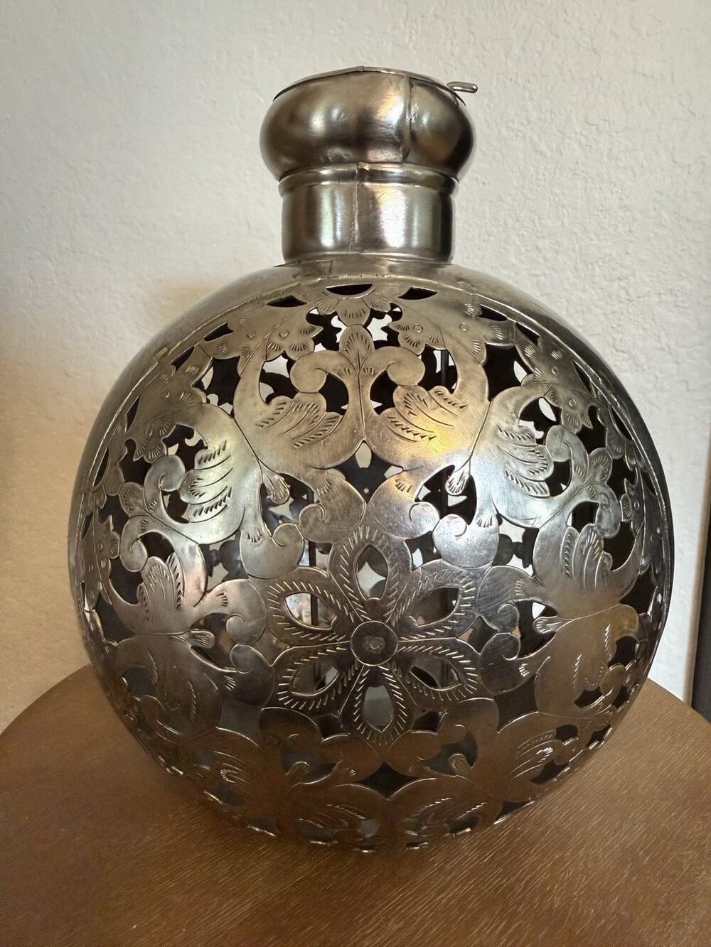 Vintage Moroccan Pierced Metal Tealight Candle Holder Filigree Lantern Globe 11”